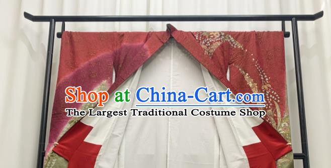 Japan Wedding Bride Garment Costume Traditional Court Wine Red Yukata Dress Classical Peacock Pattern Furisode Kimono Clothing