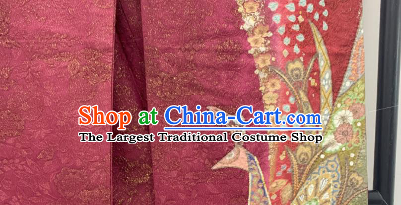 Japan Wedding Bride Garment Costume Traditional Court Wine Red Yukata Dress Classical Peacock Pattern Furisode Kimono Clothing
