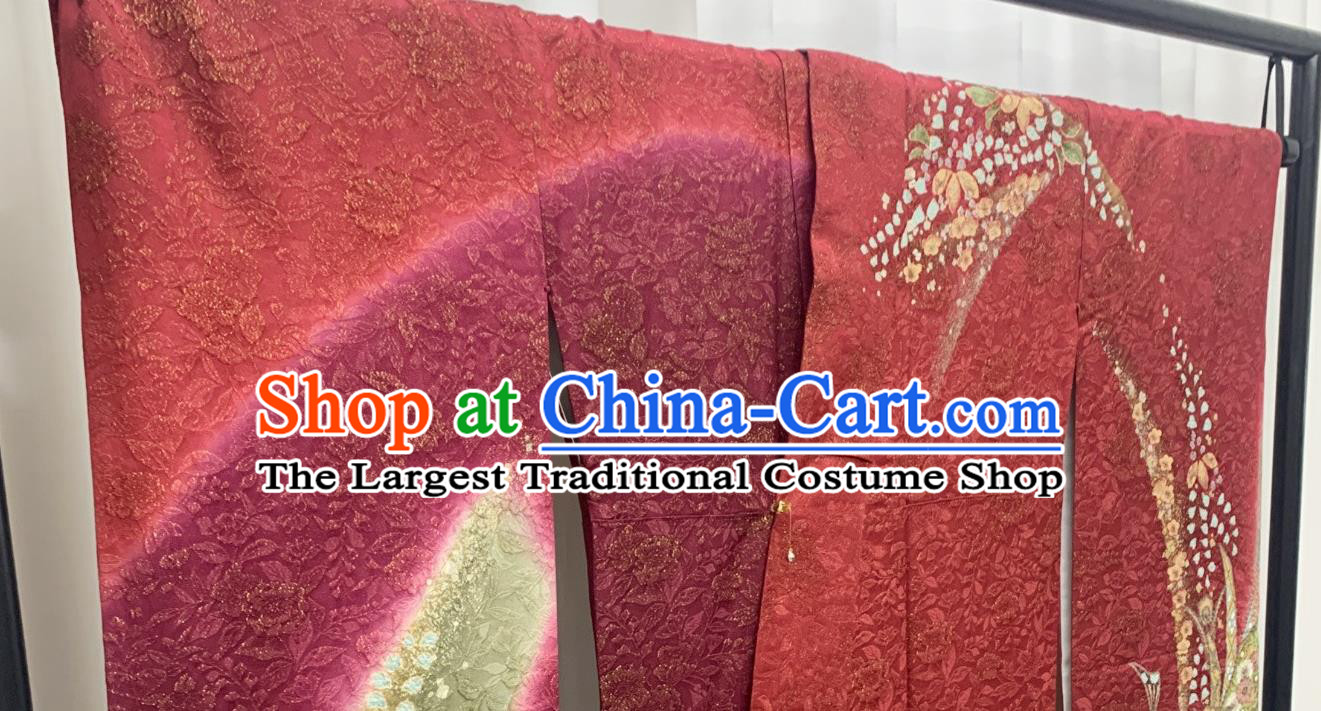 Japan Wedding Bride Garment Costume Traditional Court Wine Red Yukata Dress Classical Peacock Pattern Furisode Kimono Clothing
