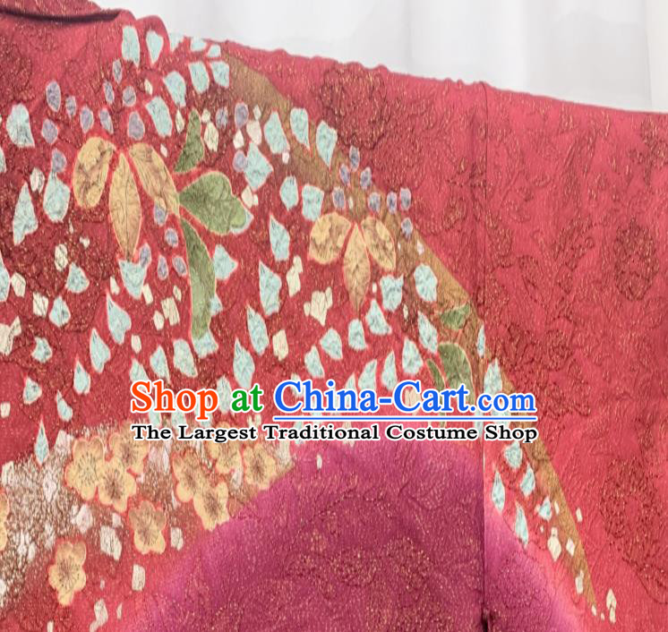 Japan Wedding Bride Garment Costume Traditional Court Wine Red Yukata Dress Classical Peacock Pattern Furisode Kimono Clothing