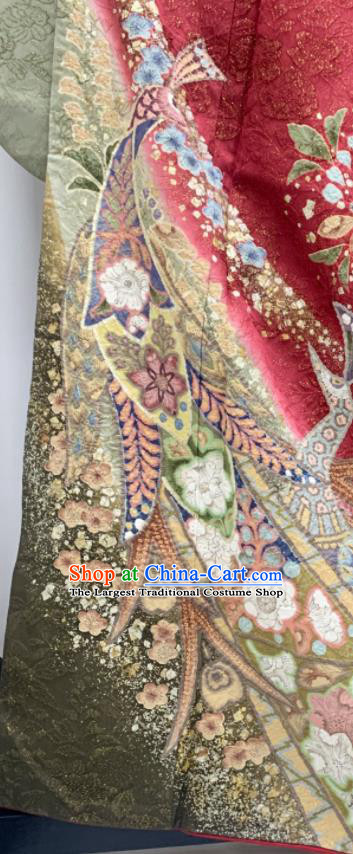 Japan Wedding Bride Garment Costume Traditional Court Wine Red Yukata Dress Classical Peacock Pattern Furisode Kimono Clothing