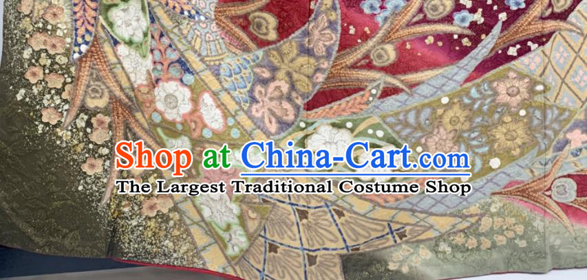 Japan Wedding Bride Garment Costume Traditional Court Wine Red Yukata Dress Classical Peacock Pattern Furisode Kimono Clothing