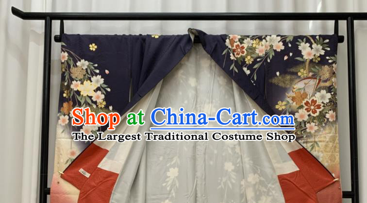 Japan Classical Flowers Pattern Furisode Kimono Clothing Wedding Bride Garment Costume Traditional Geisha Performance Navy Yukata Dress