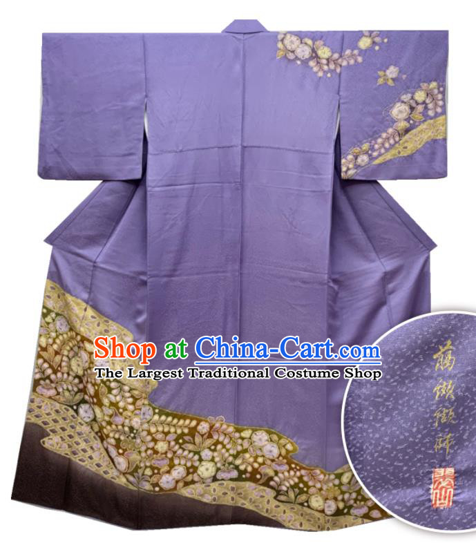 Japan Classical Flowers Pattern Homongi Kimono Clothing Young Woman Garment Costume Traditional Court Purple Yukata Dress