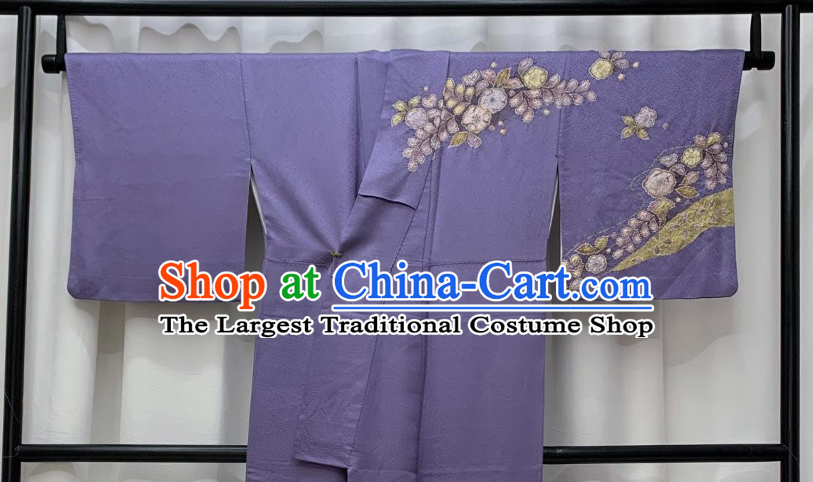 Japan Classical Flowers Pattern Homongi Kimono Clothing Young Woman Garment Costume Traditional Court Purple Yukata Dress