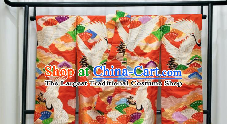 Japan Wedding Bride Garment Costume Traditional Court Empress Yukata Dress Classical Cranes Pattern Red Uchikake Kimono Clothing