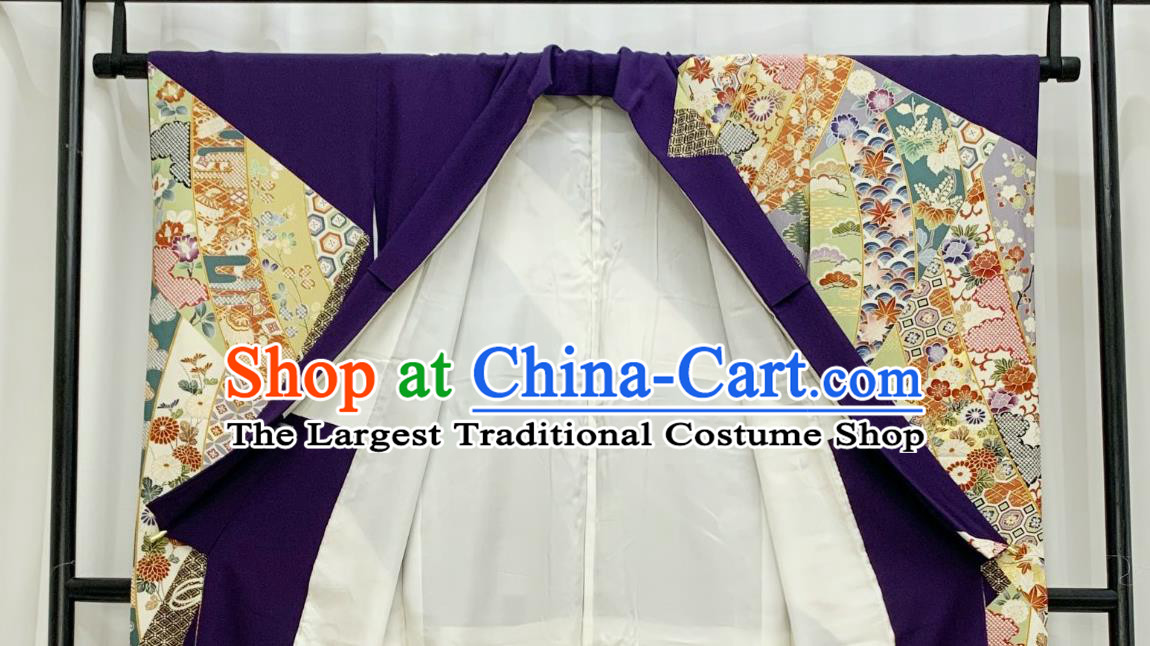 Japan Classical Flowers Pattern Furisode Kimono Clothing Wedding Bride Garment Costume Traditional Court Purple Yukata Dress