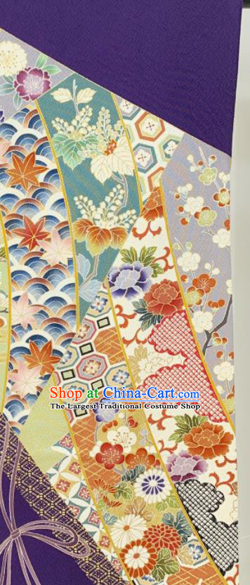 Japan Classical Flowers Pattern Furisode Kimono Clothing Wedding Bride Garment Costume Traditional Court Purple Yukata Dress