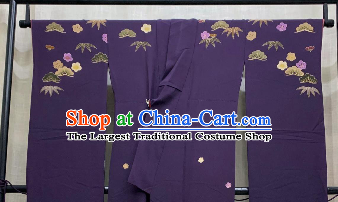 Japan Elderly Woman Garment Costume Traditional Purple Yukata Dress Classical Bamboo Plum Pattern Furisode Kimono Clothing