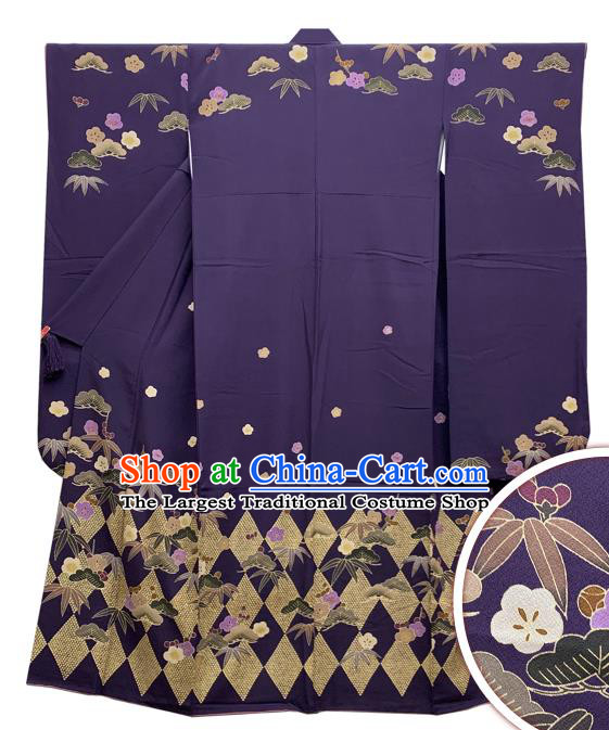 Japan Elderly Woman Garment Costume Traditional Purple Yukata Dress Classical Bamboo Plum Pattern Furisode Kimono Clothing