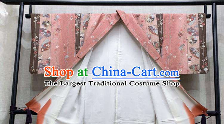 Japan Classical Sakura Pattern Edo Komon Kimono Clothing Young Lady Garment Costume Traditional Pink Yukata Dress