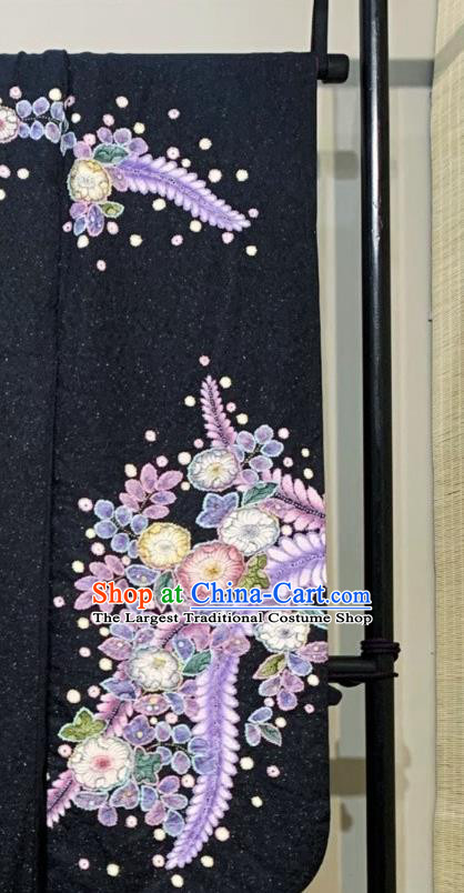 Japan Court Wedding Garment Costume Traditional Black Yukata Dress Classical Flowers Pattern Furisode Kimono Clothing
