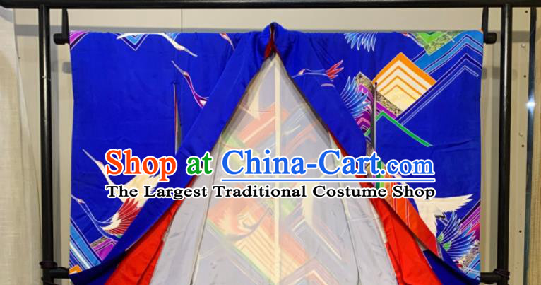Japan Classical Cranes Pattern Furisode Kimono Clothing Court Bride Garment Costume Traditional Wedding Royalblue Yukata Dress