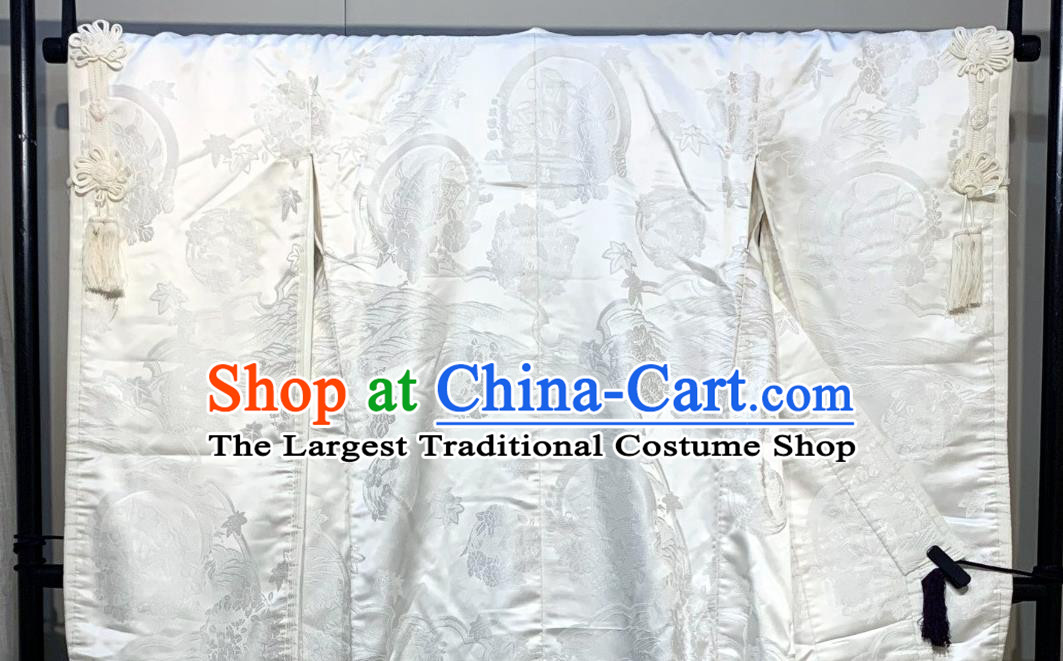 Japan Court Wedding Bride Garment Costume Traditional Geisha White Silk Yukata Dress Classical Flowers Pattern Shiromuku Kimono Clothing