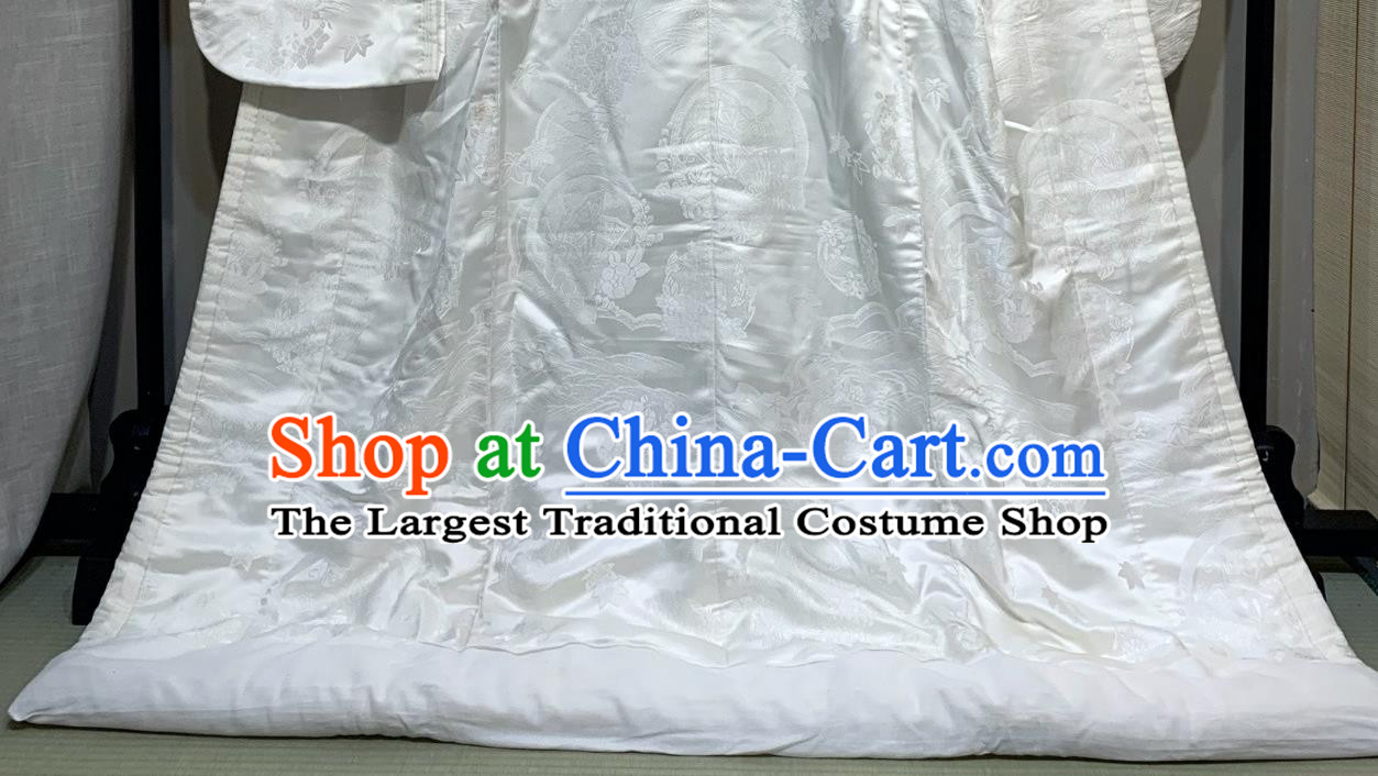 Japan Court Wedding Bride Garment Costume Traditional Geisha White Silk Yukata Dress Classical Flowers Pattern Shiromuku Kimono Clothing