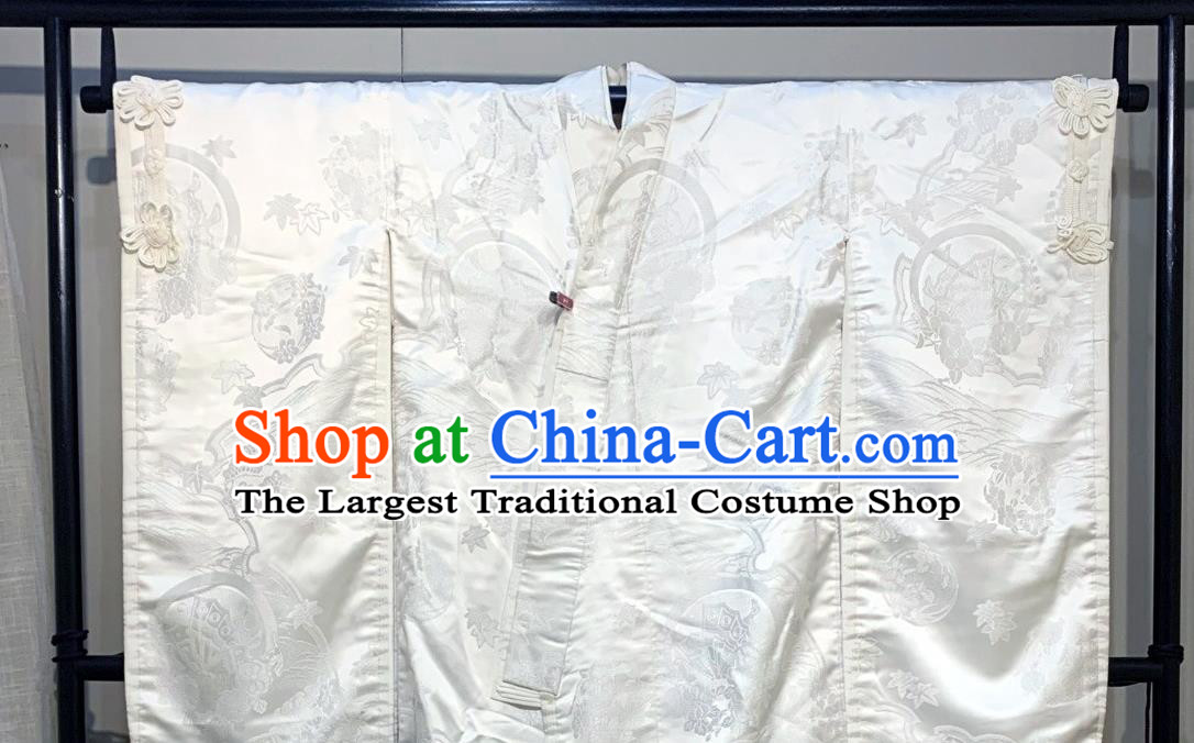 Japan Court Wedding Bride Garment Costume Traditional Geisha White Silk Yukata Dress Classical Flowers Pattern Shiromuku Kimono Clothing