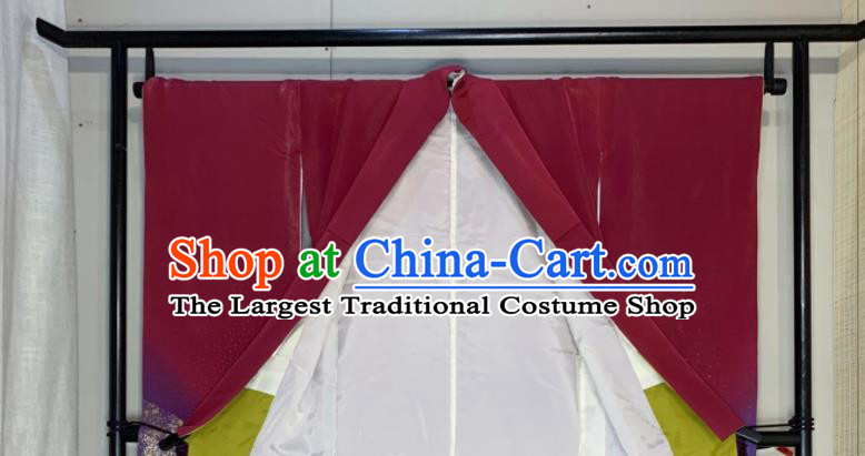 Japan Classical Pattern Furisode Kimono Clothing Court Wedding Bride Garment Costume Traditional Geisha Wine Red Yukata Dress