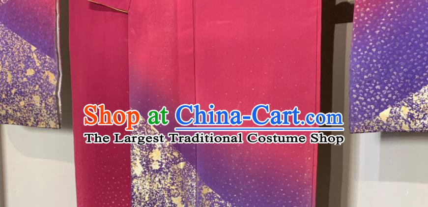 Japan Classical Pattern Furisode Kimono Clothing Court Wedding Bride Garment Costume Traditional Geisha Wine Red Yukata Dress