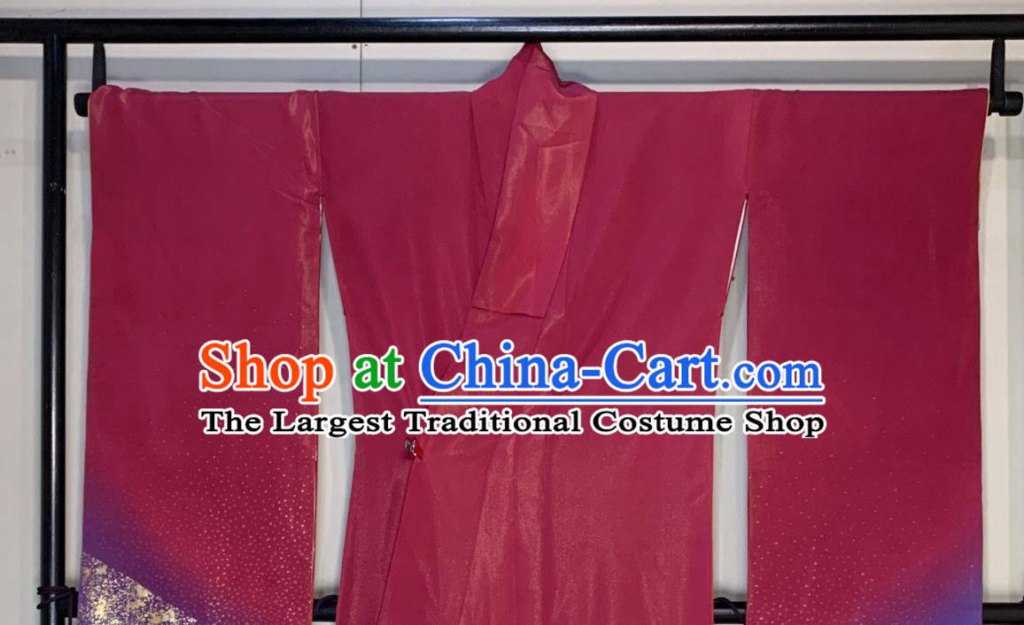 Japan Classical Pattern Furisode Kimono Clothing Court Wedding Bride Garment Costume Traditional Geisha Wine Red Yukata Dress