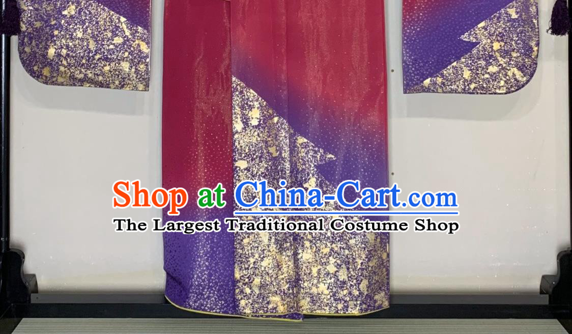 Japan Classical Pattern Furisode Kimono Clothing Court Wedding Bride Garment Costume Traditional Geisha Wine Red Yukata Dress