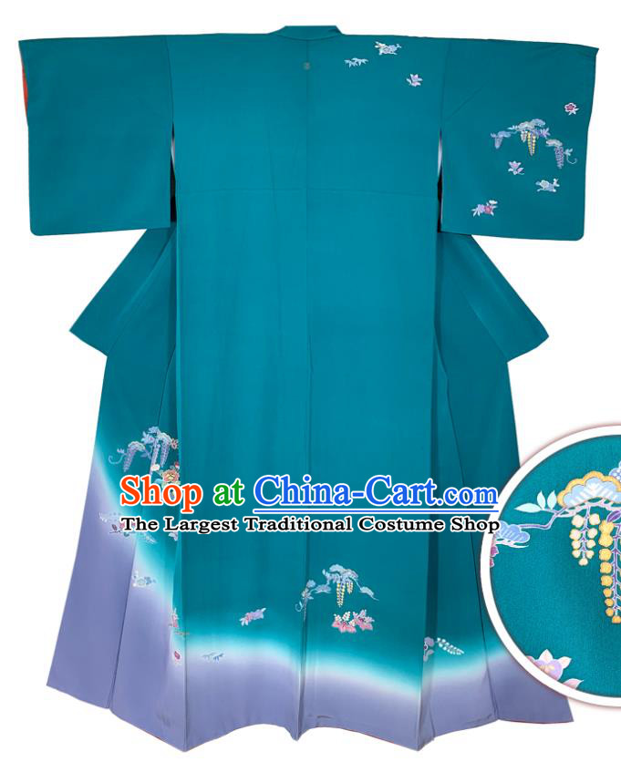 Japan Traditional Geisha Green Yukata Dress Classical Wisteria Pattern Tsukesage Kimono Clothing Wedding Bride Garment Costume