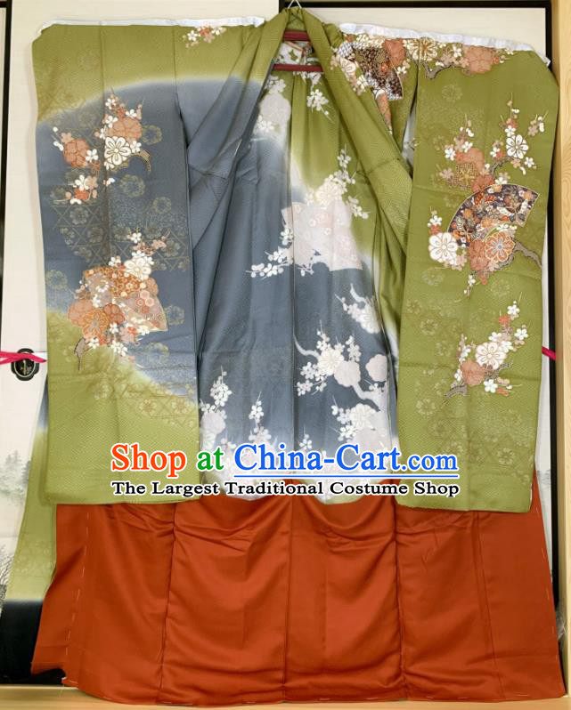 Japan Traditional Geisha Olive Green Yukata Dress Classical Sakura Pattern Furisode Kimono Clothing Wedding Bride Garment Costume