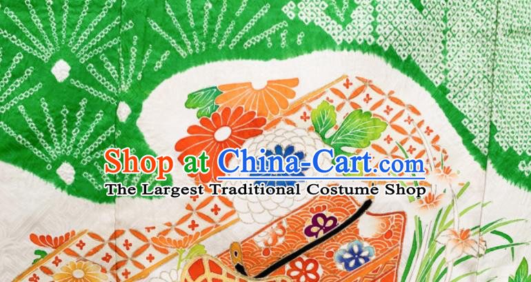 Japan Classical Peony Flowers Pattern Furisode Kimono Clothing Court Woman Garment Costume Traditional Green Yukata Dress