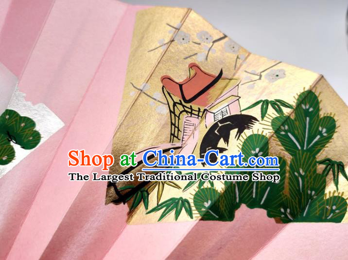 Japanese Stage Performance Accordion Handmade Printing Plum Bamboo Pink Fan Traditional Geisha Dance Folding Fan