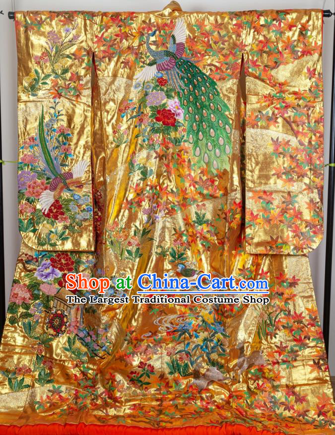 Japan Wedding Bride Embroidered Garment Costume Traditional Court Empress Golden Yukata Dress Classical Peacock Peony Pattern Uchikake Kimono Clothing
