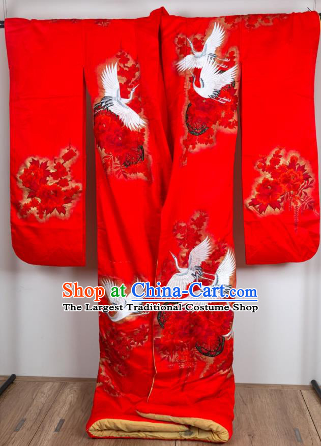 Japan Bride Embroidered Garment Costume Traditional Wedding Red Yukata Dress Classical Cranes Pattern Uchikake Kimono Clothing