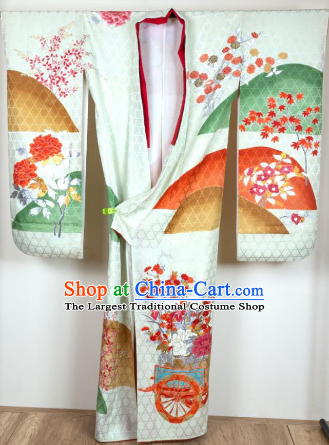 Japan Traditional Printing Silk Yukata Dress Classical Peony Pattern Furisode Kimono Clothing Court Woman Garment Costume