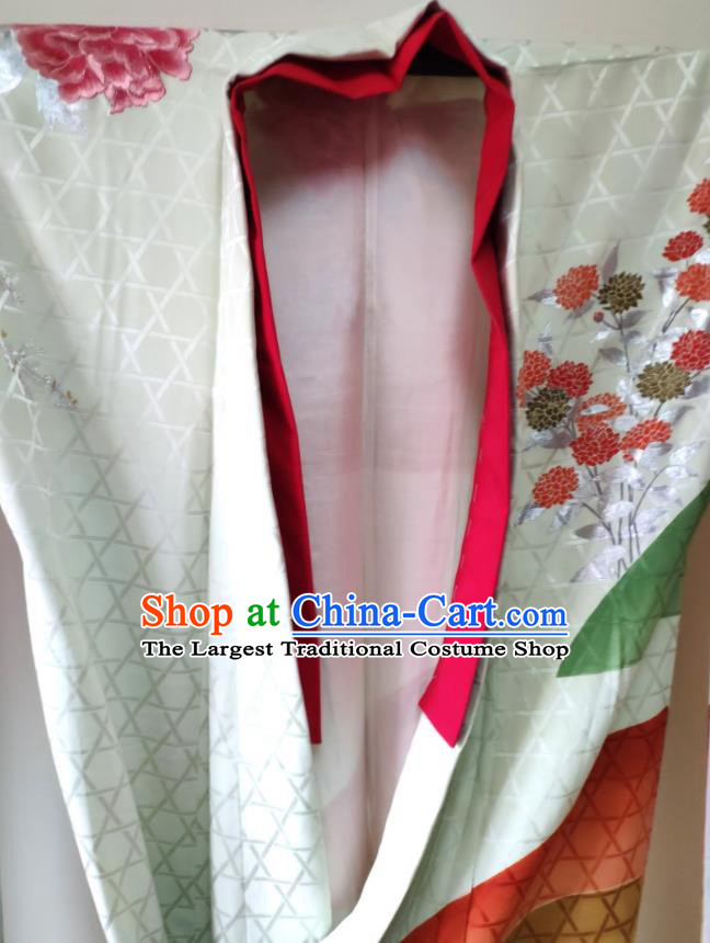 Japan Traditional Printing Silk Yukata Dress Classical Peony Pattern Furisode Kimono Clothing Court Woman Garment Costume