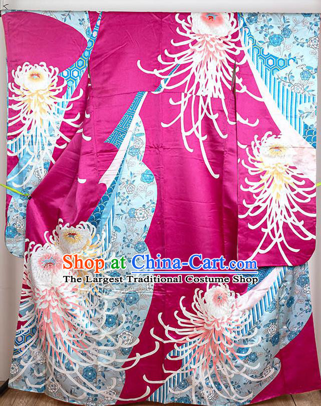 Japan Classical Chrysanthemum Pattern Furisode Kimono Clothing Royal Queen Garment Costume Traditional Rosy Silk Yukata Dress