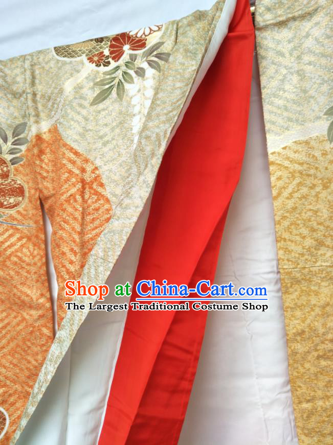 Japan Traditional Golden Silk Yukata Dress Classical Chrysanthemum Peony Pattern Furisode Kimono Clothing Queen Garment Costume