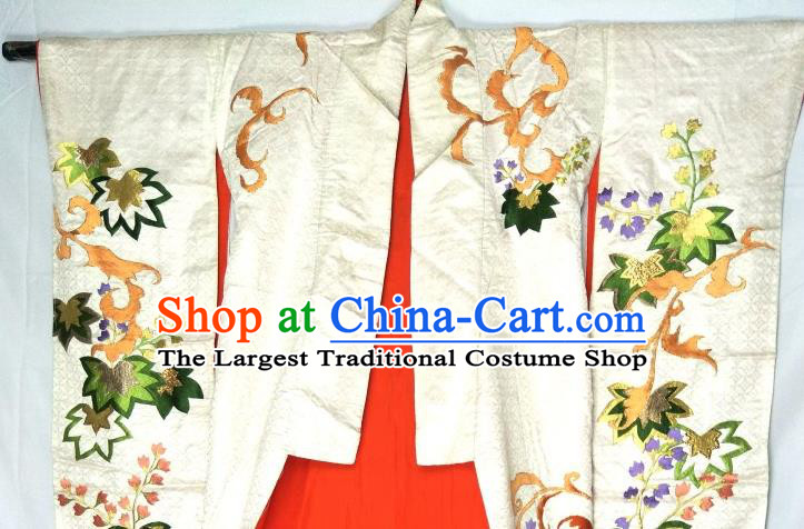 Japan Classical Phoenix Pattern Furisode Kimono Clothing Wedding Embroidered Uchikake Garment Costume Traditional White Silk Yukata Dress