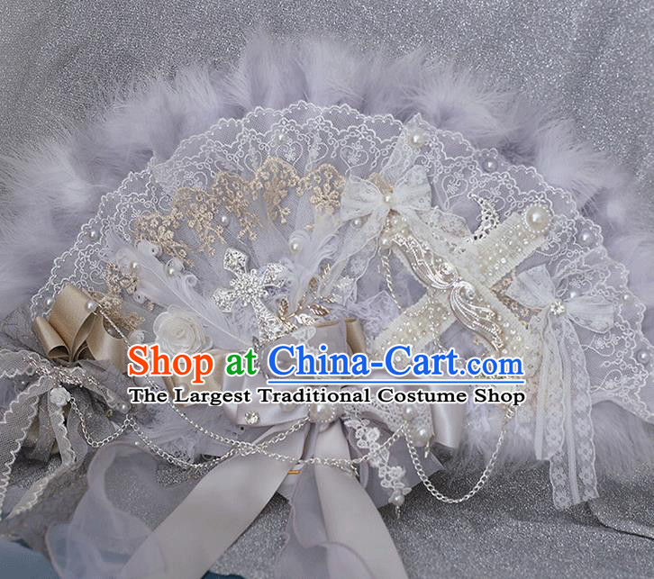 Handmade Cosplay Fairy Fan Baroque Princess Grey Feather Fan Wedding Fan Bride Lace Folding Fan