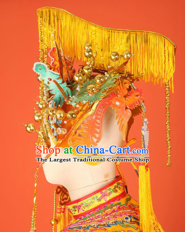 Handmade China Ancient Goddess Hair Crown Opera Queen Golden Phoenix Coronet Traditional Empress Tassel Hat