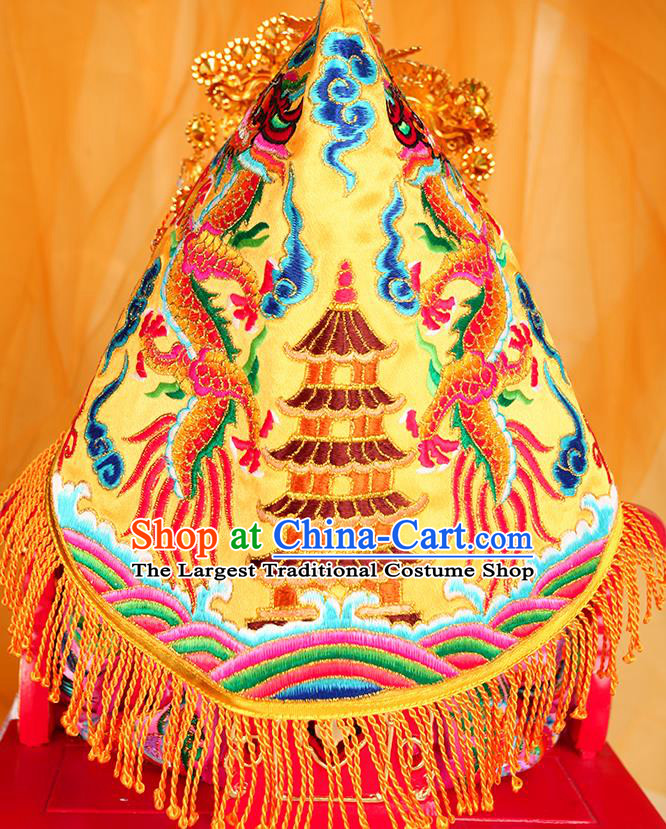 Handmade China Beijing Opera Queen Phoenix Coronet Headwear Traditional Opera Empress Embroidered Yellow Hat Ancient Goddess Headdress