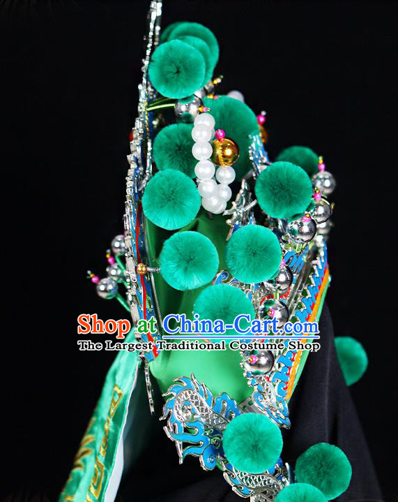 Chinese Peking Opera Wusheng Green Hat Beijing Opera General Headdress Handmade Opera Warrior Guan Yu Helmet Headwear