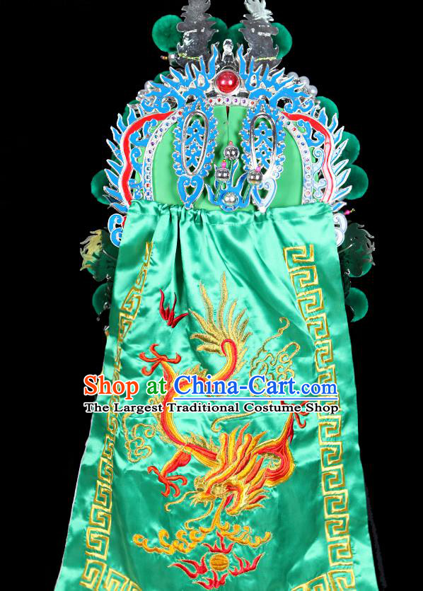 Chinese Peking Opera Wusheng Green Hat Beijing Opera General Headdress Handmade Opera Warrior Guan Yu Helmet Headwear