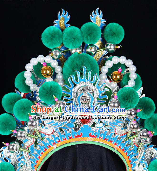 Chinese Peking Opera Wusheng Green Hat Beijing Opera General Headdress Handmade Opera Warrior Guan Yu Helmet Headwear