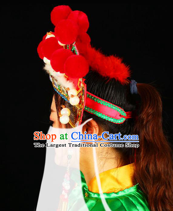 China Handmade Opera Female General Headdress Beijing Opera Blues Red Phoenix Coronet Headwear Traditional Peking Opera Swordswoman Hat