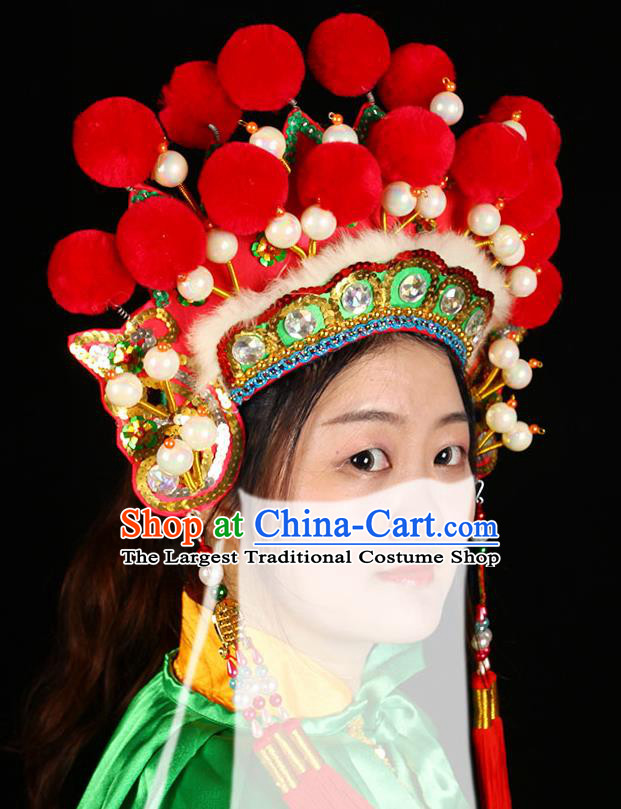 China Handmade Opera Female General Headdress Beijing Opera Blues Red Phoenix Coronet Headwear Traditional Peking Opera Swordswoman Hat