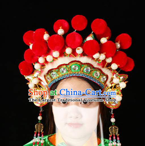 China Handmade Opera Female General Headdress Beijing Opera Blues Red Phoenix Coronet Headwear Traditional Peking Opera Swordswoman Hat