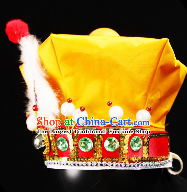 Chinese Beijing Opera Wusheng Yellow Hat Handmade Opera Swordsman Wu Song Headdress Peking Opera Warrior Headwear