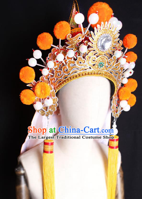 Chinese Peking Opera Wusheng Headwear Beijing Opera General Yellow Hat Handmade Opera Swordsman Helmet Headdress
