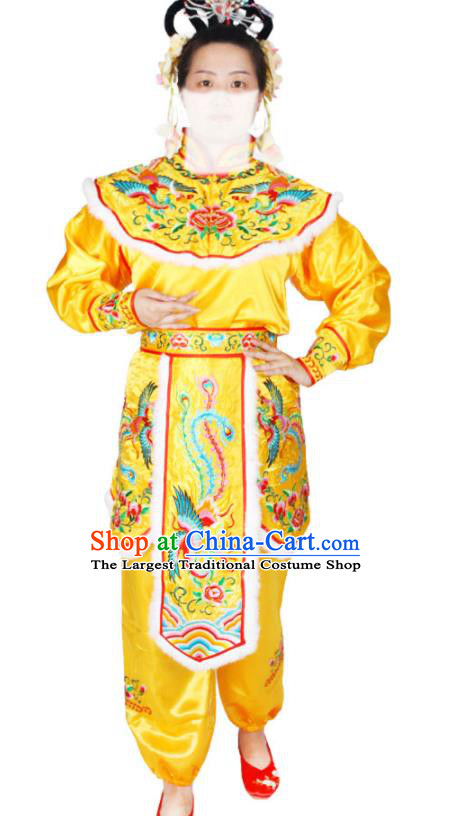 Chinese Beijing Opera Swordswoman Garment Costumes Peking Opera Female General Yellow Uniforms Traditional Opera Hua Mulan Clothing