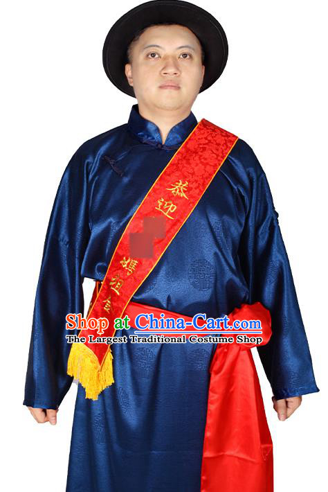 China Ancient Bridegroom Costume Minguo Male Clothing Traditional Wedding Navy Long Robe