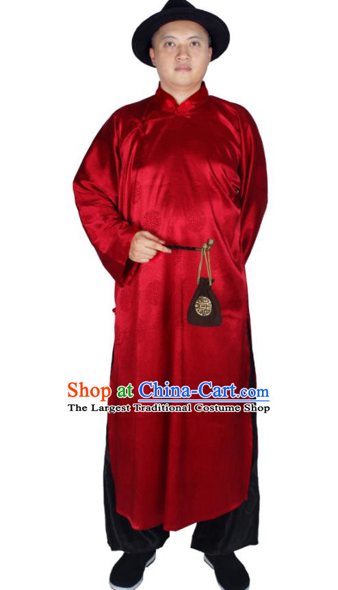 China Traditional Wedding Red Long Robe Ancient Bridegroom Costume Minguo Male Clothing