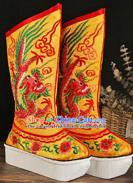 China Handmade Opera Satin Shoes Peking Opera Male Boots Ancient Emperor Embroidered Dragon Yellow Boots